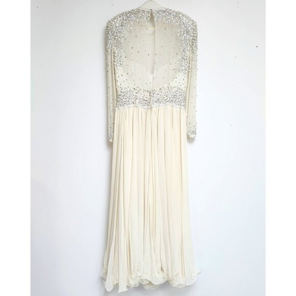 Women’s Vintage-Inspired Off-White/Cream Embellished Silk Dress W/Lettuce Hem - Picture 2 of 16